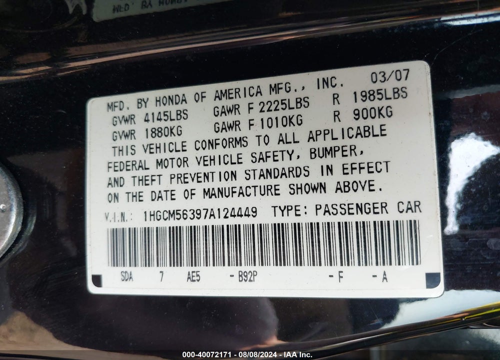 2007 HONDA ACCORD 2.4 SE VIN: 1HGCM56397A124449