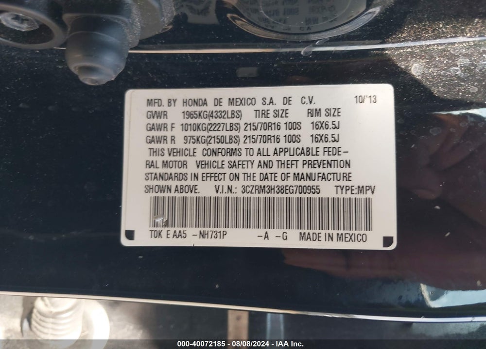 2014 HONDA CR-V LX VIN: 3CZRM3H38EG700955