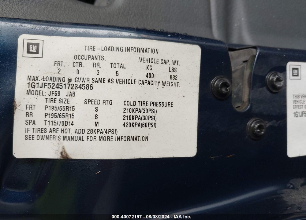 2001 CHEVROLET CAVALIER LS VIN: 1G1JF524517234586