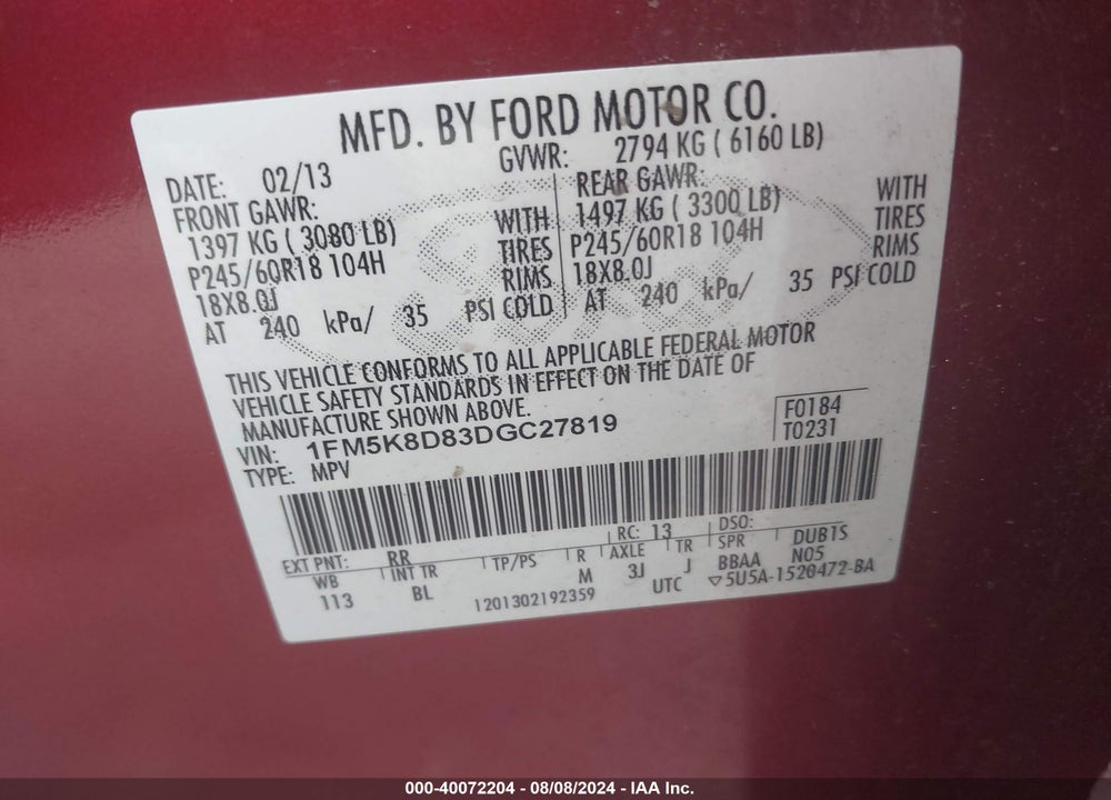 2013 FORD EXPLORER XLT VIN: 1FM5K8D83DGC27819