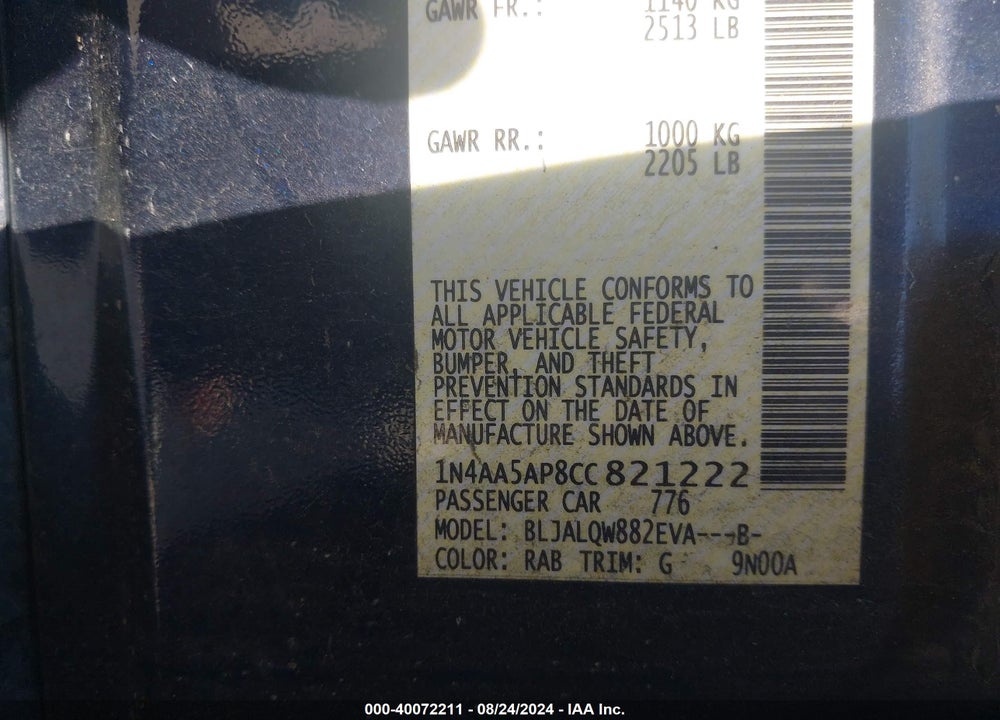 2012 NISSAN MAXIMA 3.5 S VIN: 1N4AA5AP8CC821222