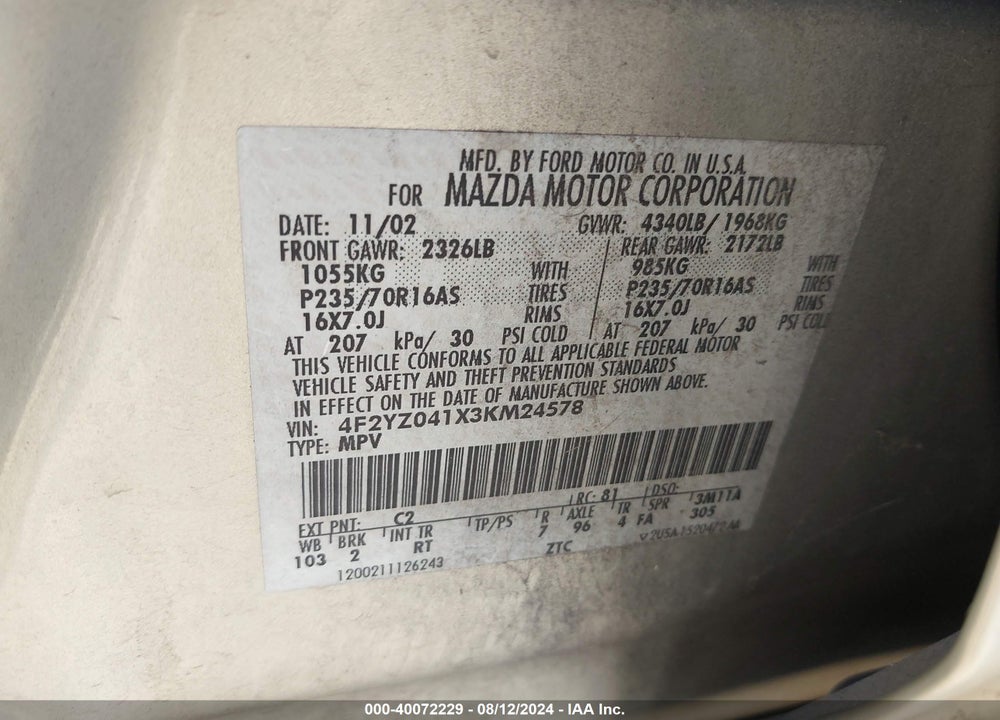 2003 MAZDA TRIBUTE LX V6 VIN: 4F2YZ041X3KM24578