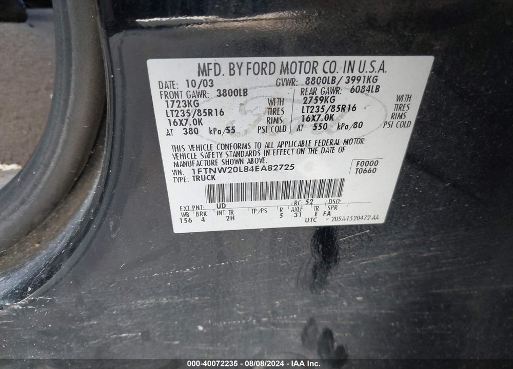 2004 FORD F-250 LARIAT/XL/XLT VIN: 1FTNW20L84EA82725