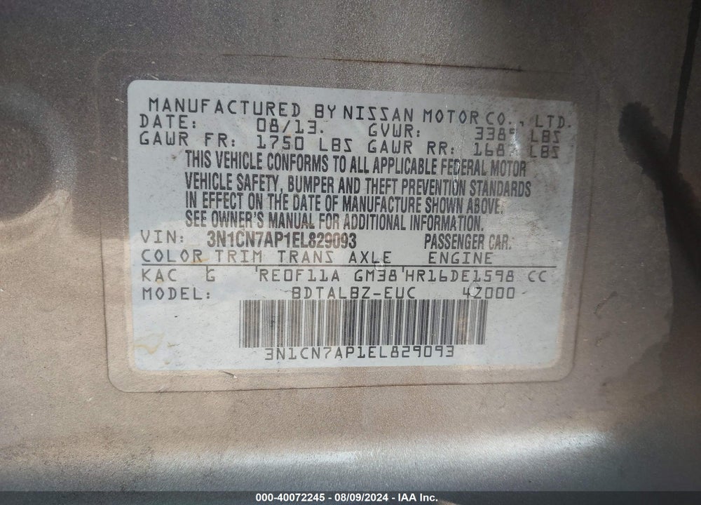 2014 NISSAN VERSA 1.6 SV VIN: 3N1CN7AP1EL829093
