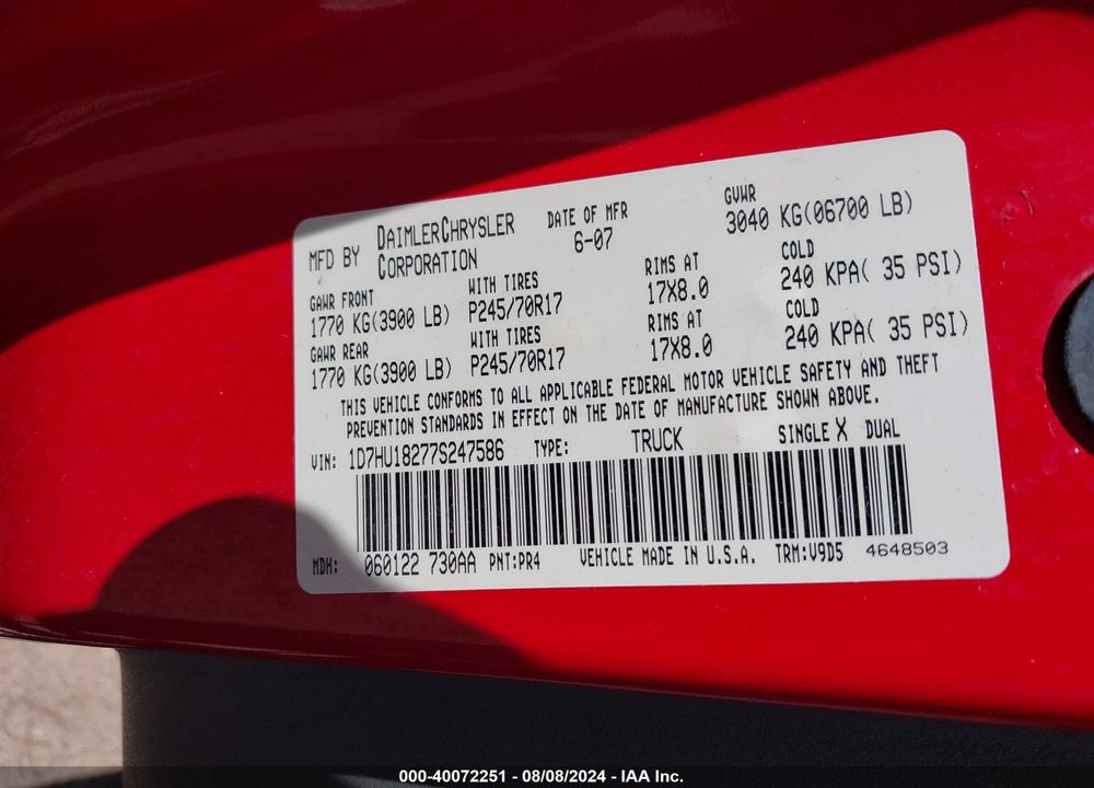 2007 DODGE RAM 1500 SLT/TRX4 OFF ROAD/SPORT VIN: 1D7HU18277S247586