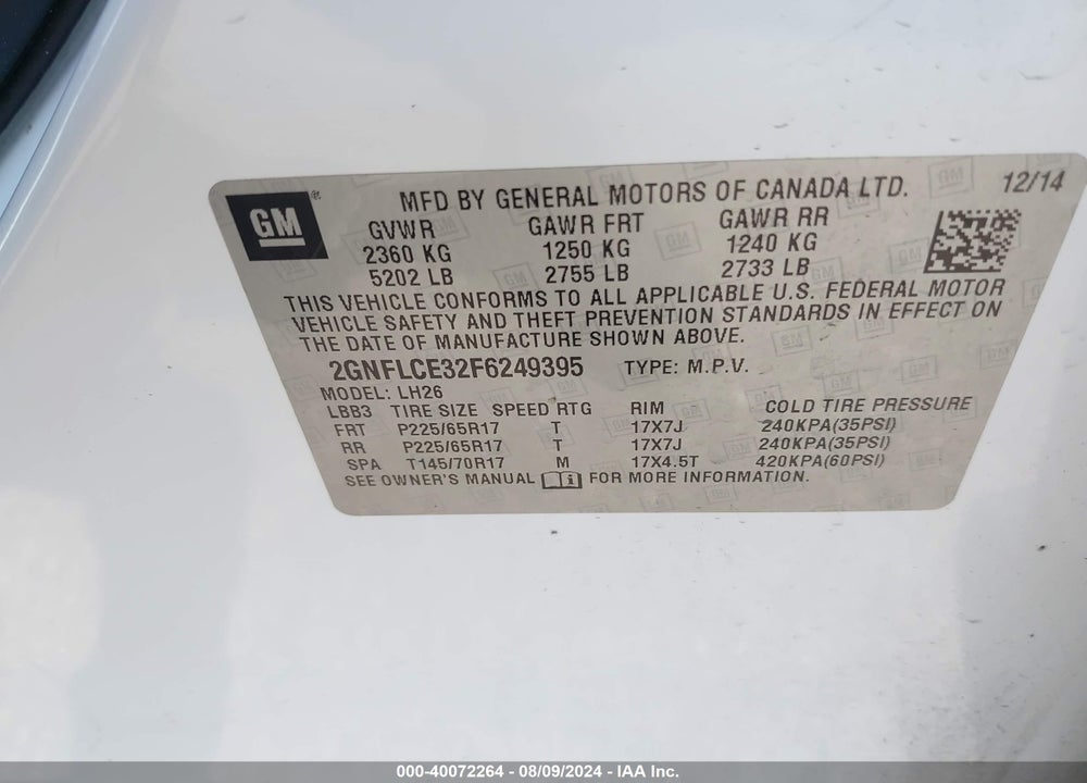 2015 CHEVROLET EQUINOX 2LT VIN: 2GNFLCE32F6249395