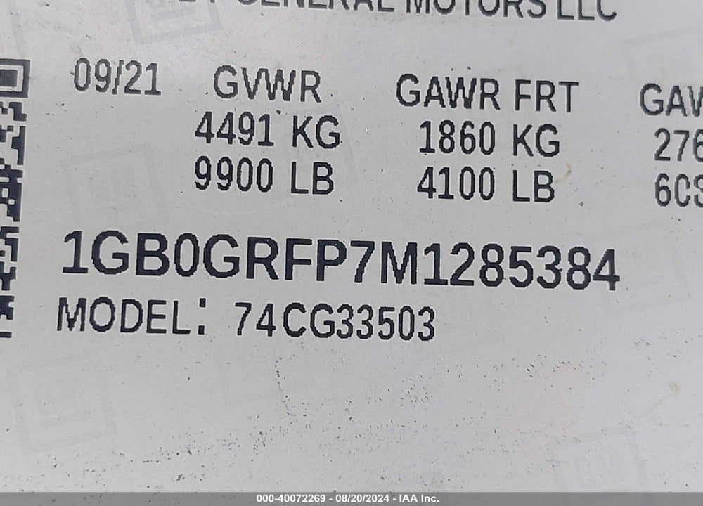2021 CHEVROLET EXPRESS CUTAWAY WORK VAN VIN: 1GB0GRFP7M1285384