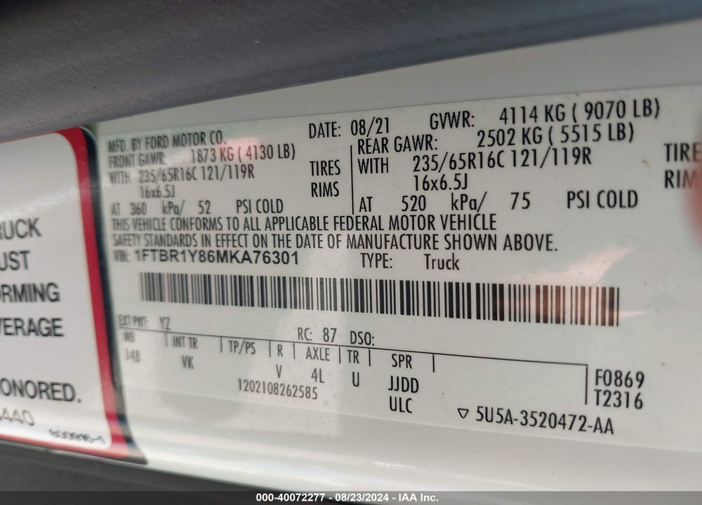 2021 FORD TRANSIT-250 VIN: 1FTBR1Y86MKA76301