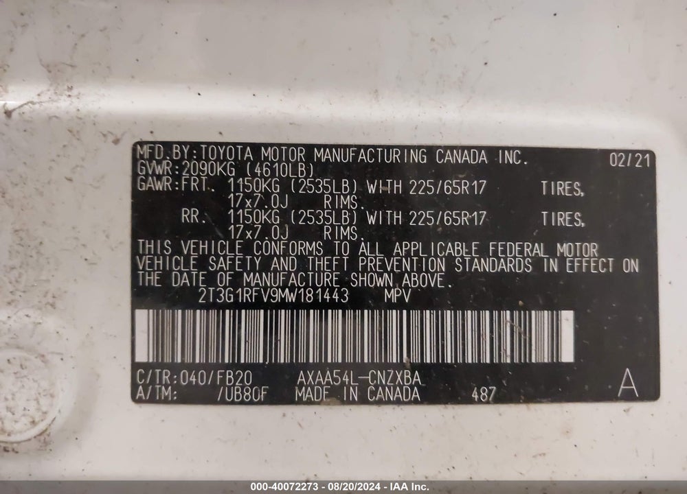 2021 TOYOTA RAV4 LE VIN: 2T3G1RFV9MW181443