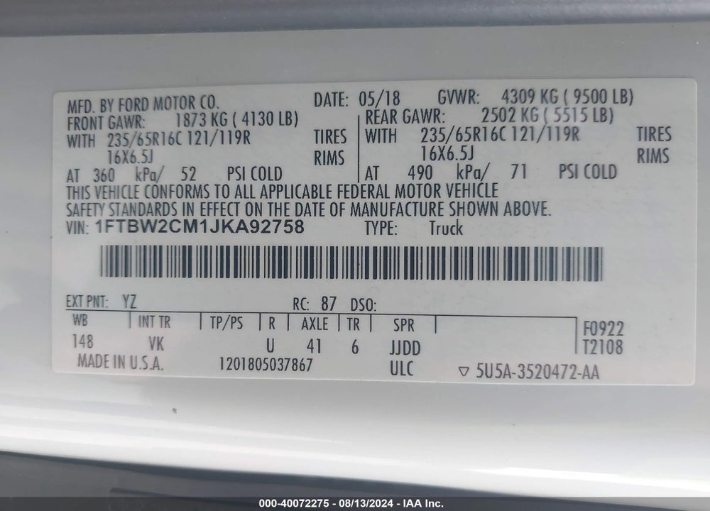 2018 FORD TRANSIT-350 VIN: 1FTBW2CM1JKA92758