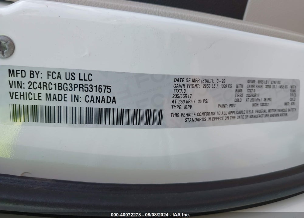2023 CHRYSLER PACIFICA TOURING L VIN: 2C4RC1BG3PR531675