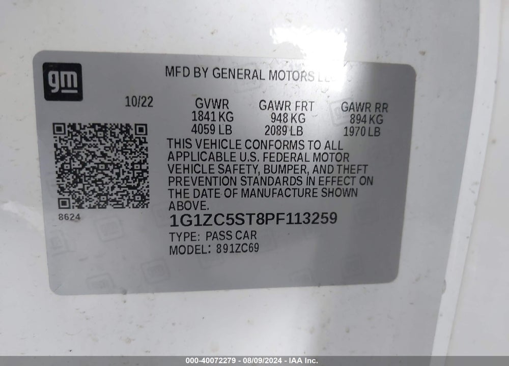 2023 CHEVROLET MALIBU FWD 1FL VIN: 1G1ZC5ST8PF113259