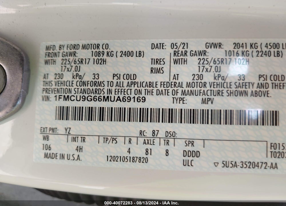 2021 FORD ESCAPE SE VIN: 1FMCU9G66MUA69169
