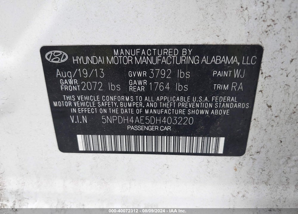 2013 HYUNDAI ELANTRA GLS VIN: 5NPDH4AE5DH403220