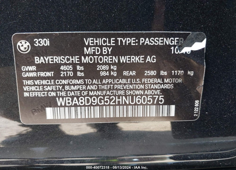 2017 BMW 330I XDRIVE VIN: WBA8D9G52HNU60575