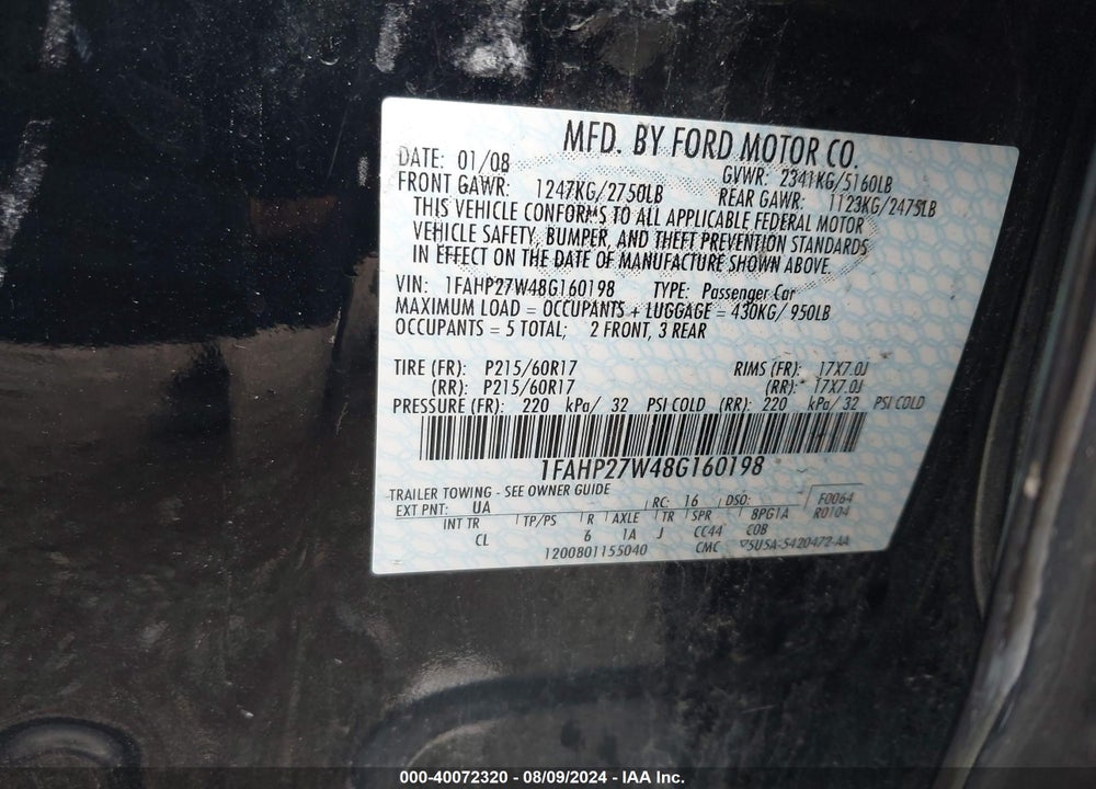 2008 FORD TAURUS VIN: 1FAHP27W48G160198
