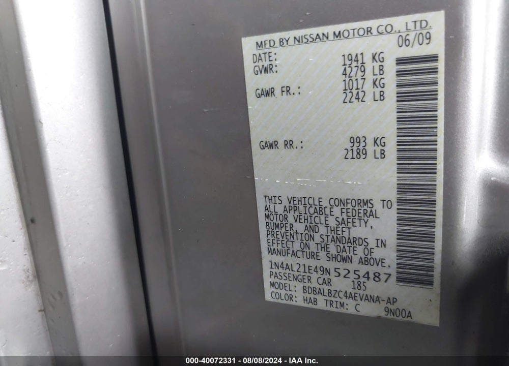 2009 NISSAN ALTIMA 2.5 S VIN: 1N4AL21E49N525487