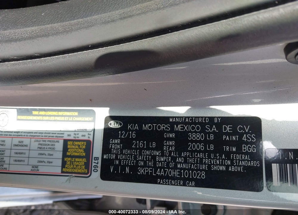 2017 KIA FORTE LX VIN: 3KPFL4A70HE101028