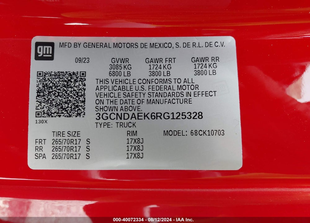 2024 CHEVROLET SILVERADO 1500 4WD REGULAR CAB STANDARD BED WT VIN: 3GCNDAEK6RG125328