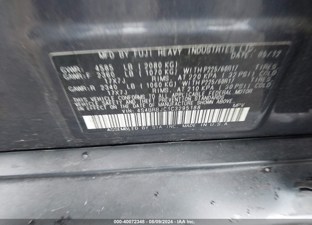 2012 SUBARU OUTBACK 2.5I LIMITED VIN: 4S4BRBJC1C3295188