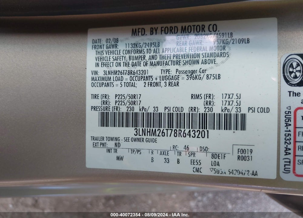2008 LINCOLN MKZ VIN: 3LNHM26T78R643201