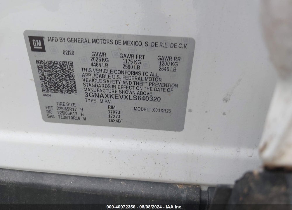 2020 CHEVROLET EQUINOX FWD LT 1.5L TURBO VIN: 3GNAXKEVXLS640320