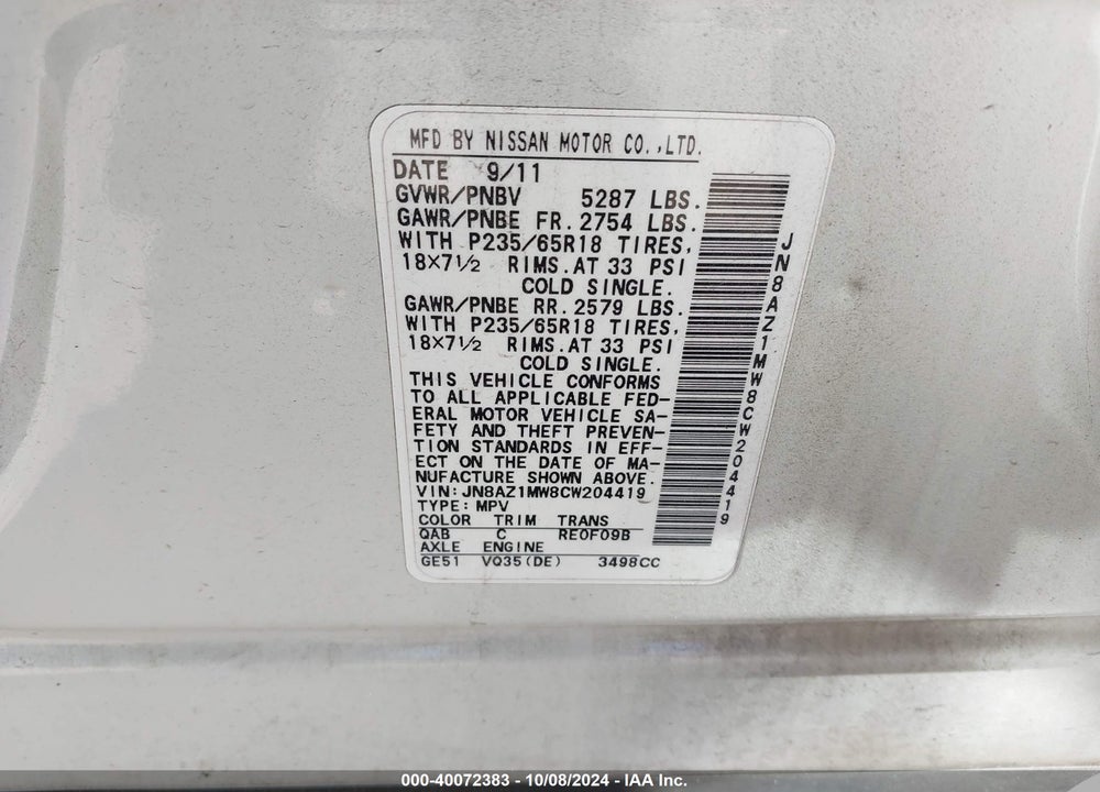 2012 NISSAN MURANO SL VIN: JN8AZ1MW8CW204419