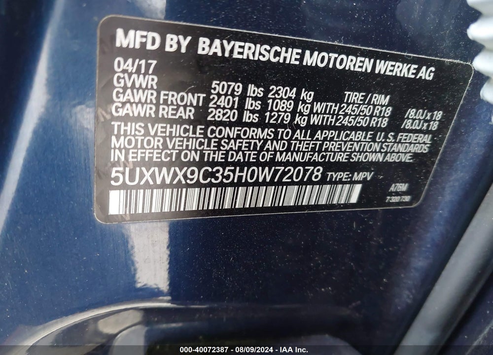 2017 BMW X3 XDRIVE28I VIN: 5UXWX9C35H0W72078