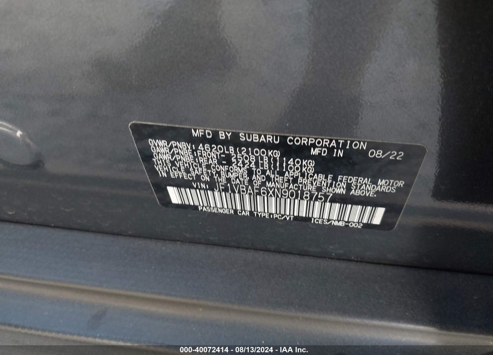 2022 SUBARU WRX PREMIUM VIN: JF1VBAF6XN9018757
