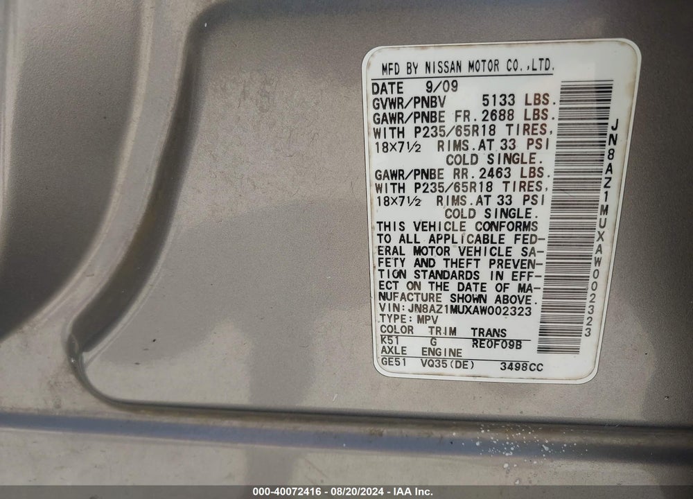 2010 NISSAN MURANO SL VIN: JN8AZ1MUXAW002323