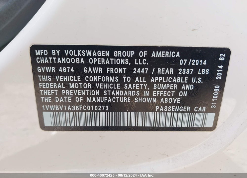 2015 VOLKSWAGEN PASSAT 2.0L TDI SE VIN: 1VWBV7A36FC010273