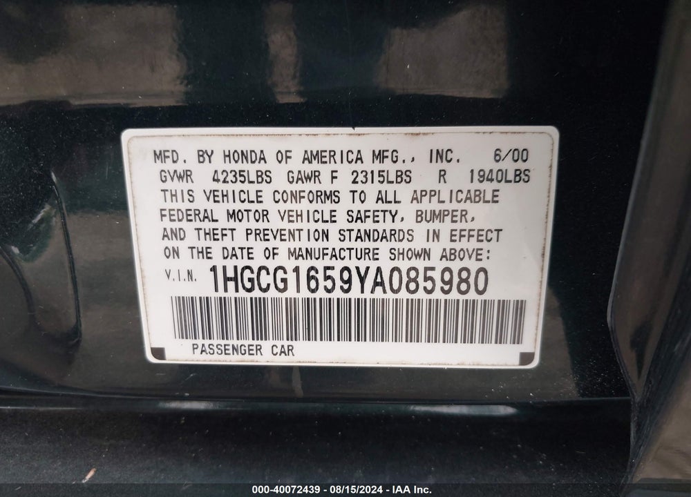 2000 HONDA ACCORD 3.0 EX VIN: 1HGCG1659YA085980