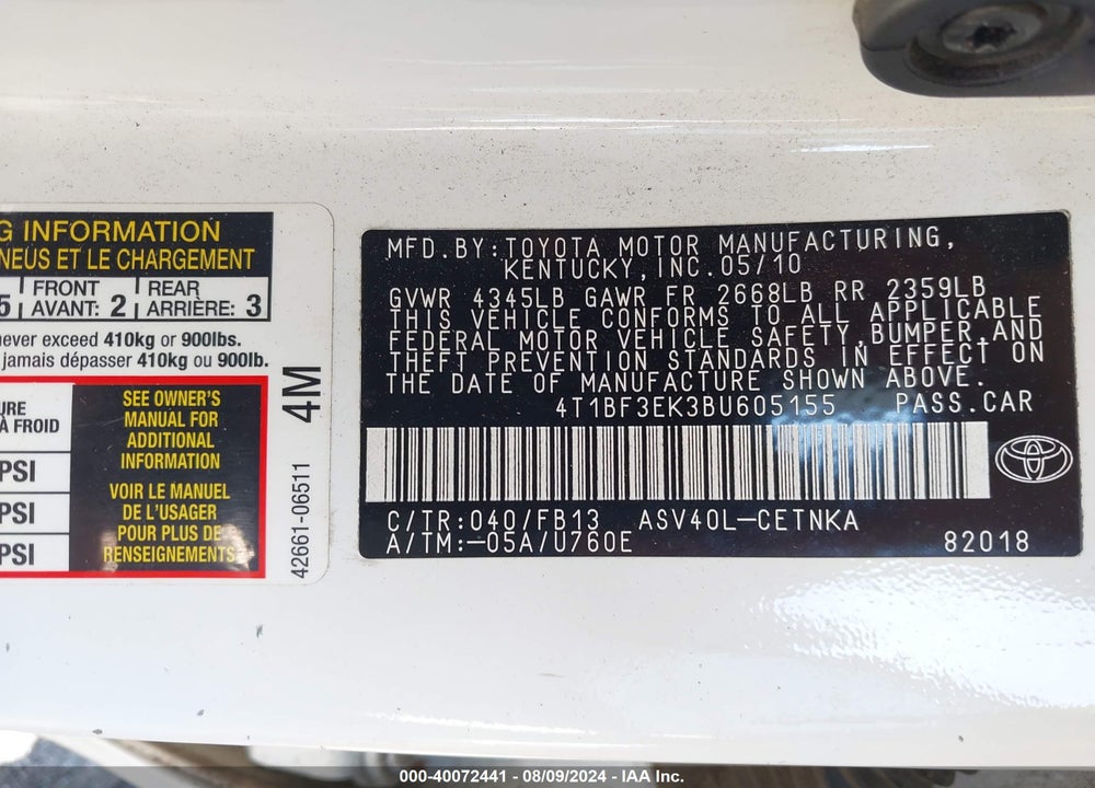 2011 TOYOTA CAMRY LE VIN: 4T1BF3EK3BU605155