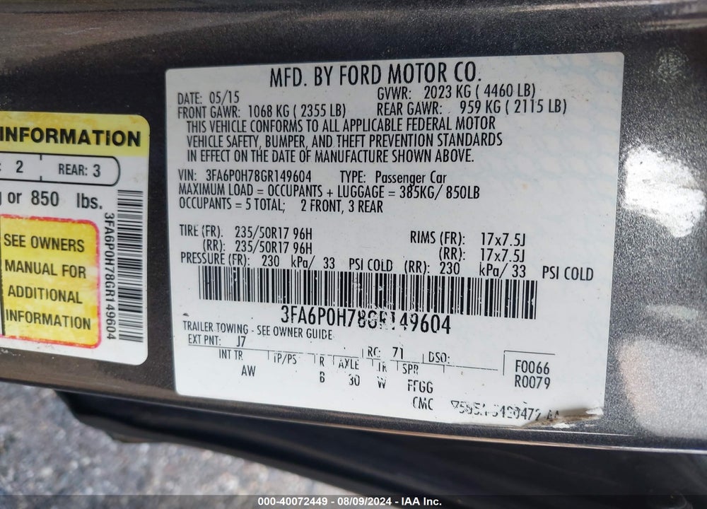 2016 FORD FUSION SE VIN: 3FA6P0H78GR149604