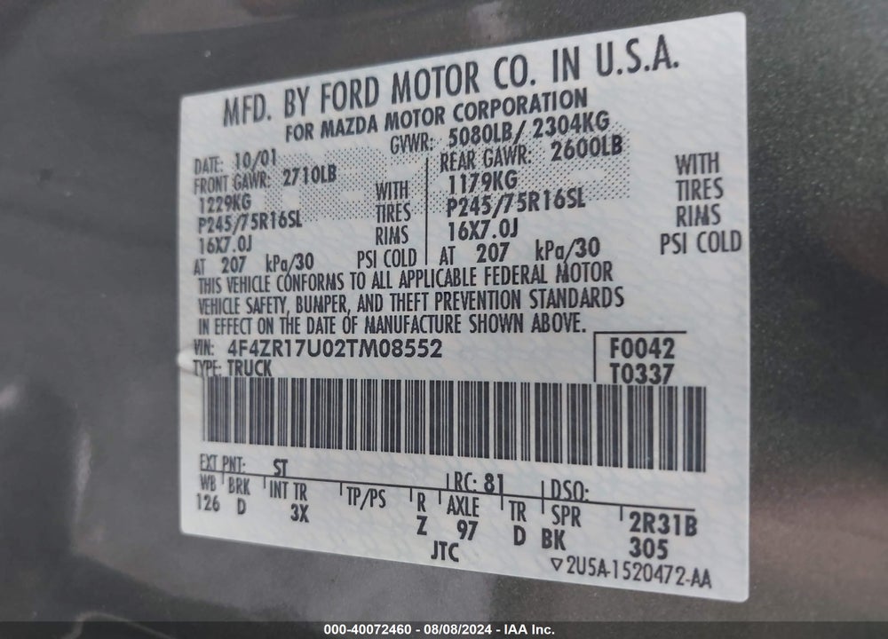 2002 MAZDA B3000 VIN: 4F4ZR17U02TM08552