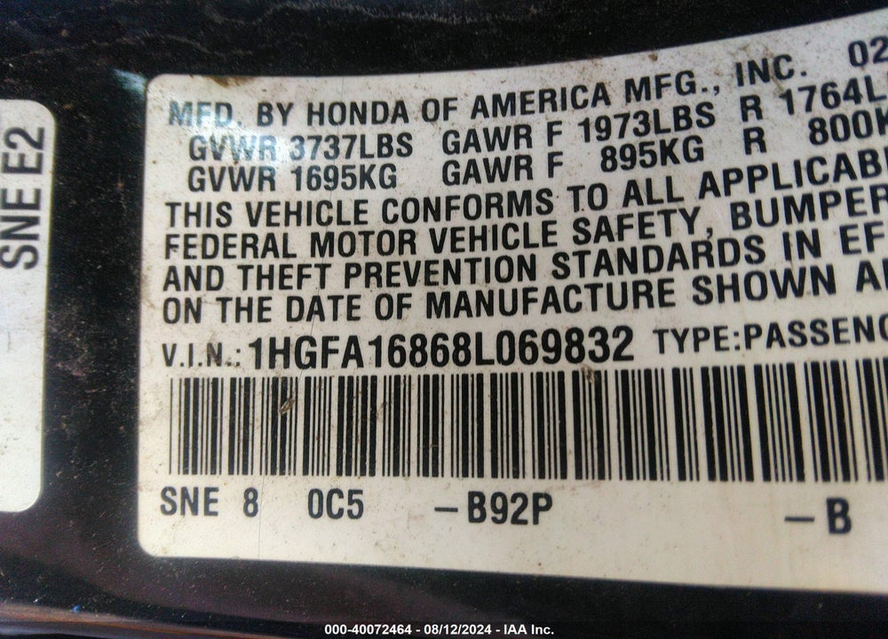 2008 HONDA CIVIC EX VIN: 1HGFA16868L069832
