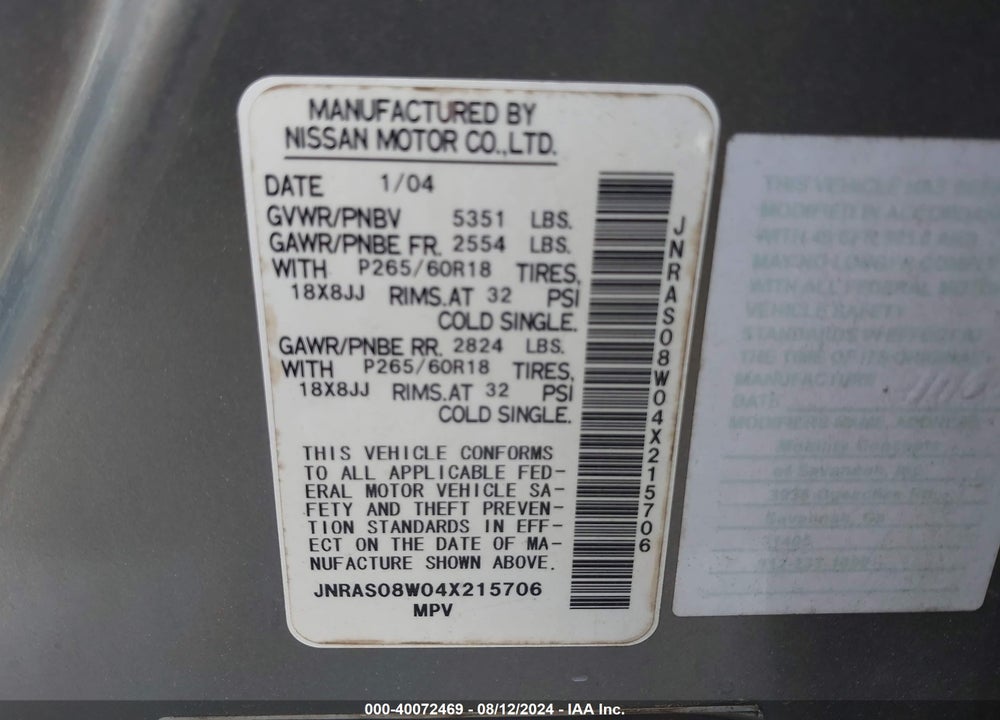 2004 INFINITI FX35 VIN: JNRAS08W04X215706
