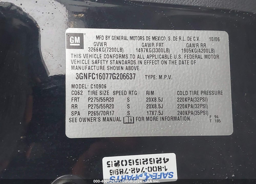 2007 CHEVROLET SUBURBAN 1500 LTZ VIN: 3GNFC16077G206637
