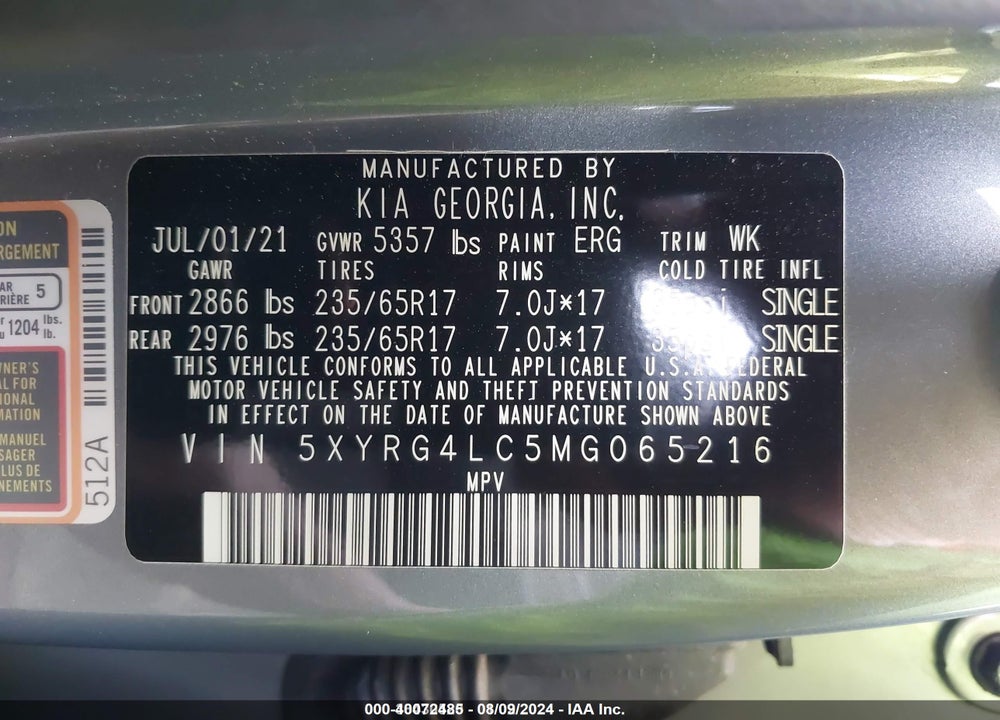 2021 KIA SORENTO VIN: 5XYRG4LC5MG065216