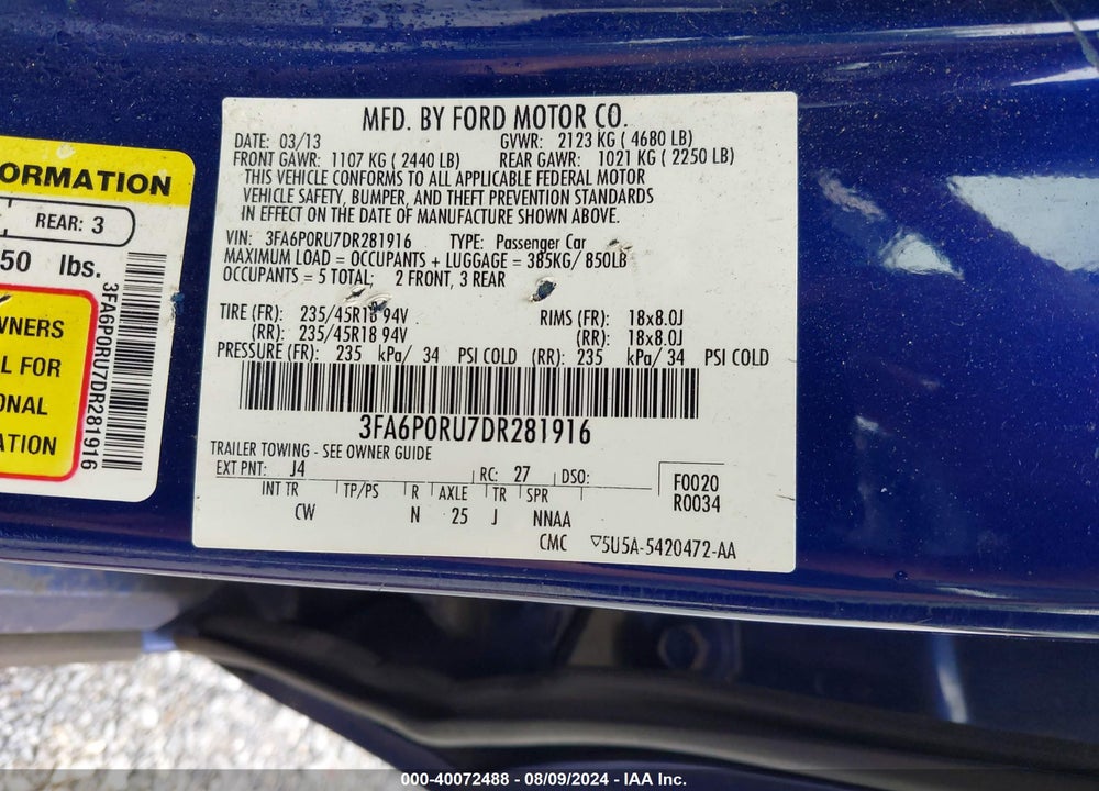 2013 FORD FUSION HYBRID TITANIUM VIN: 3FA6P0RU7DR281916