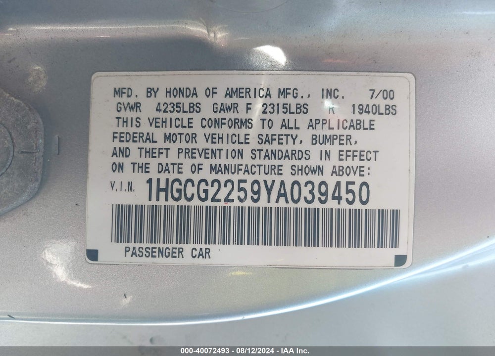 2000 HONDA ACCORD 3.0 EX VIN: 1HGCG2259YA039450