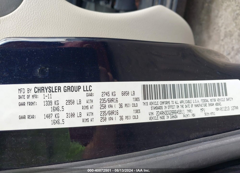 2011 DODGE GRAND CARAVAN VIN: 2D4RN3DG2BR645911