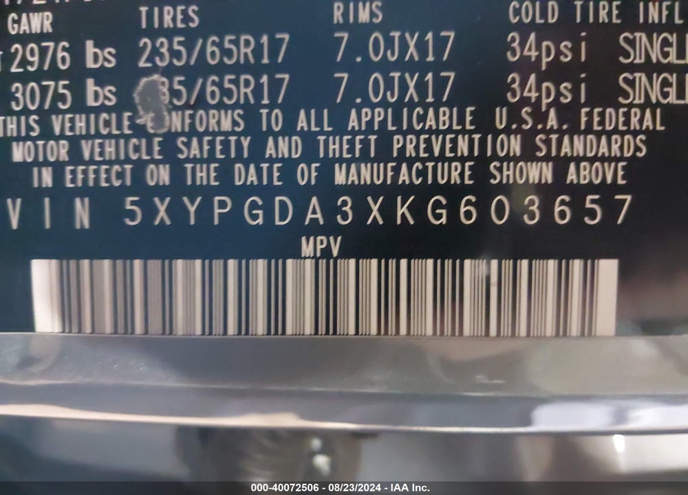 2019 KIA SORENTO 2.4L LX VIN: 5XYPGDA3XKG603657