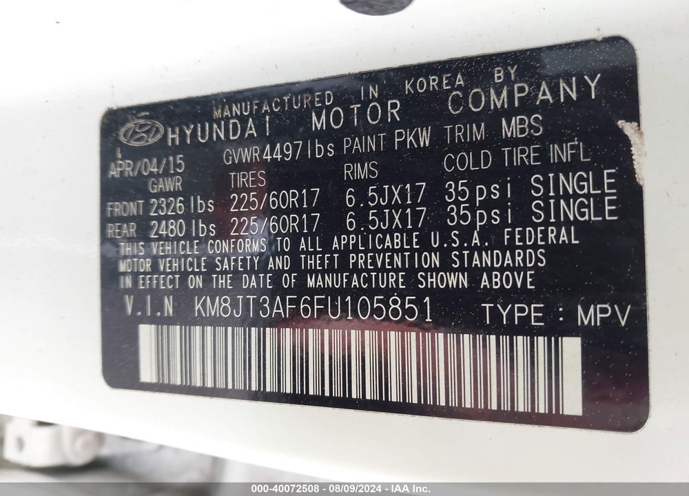 2015 HYUNDAI TUCSON GLS VIN: KM8JT3AF6FU105851