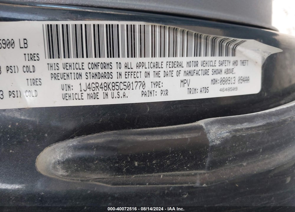 2005 JEEP GRAND CHEROKEE LAREDO VIN: 1J4GR48K85C501770