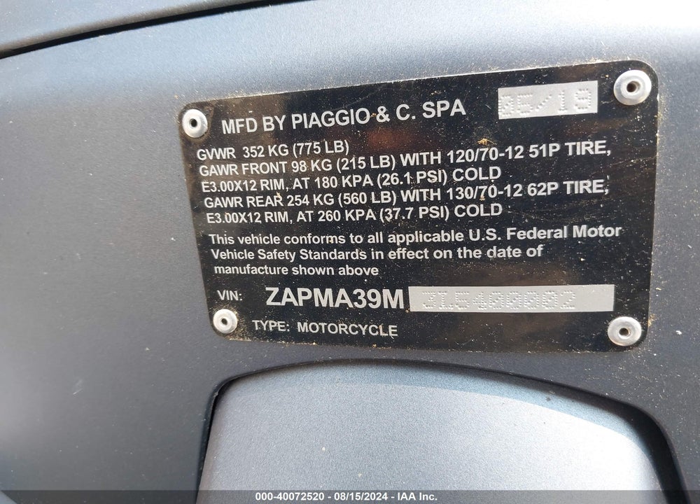 2020 VESPA GTS VIN: ZAPMA39M3L5400002