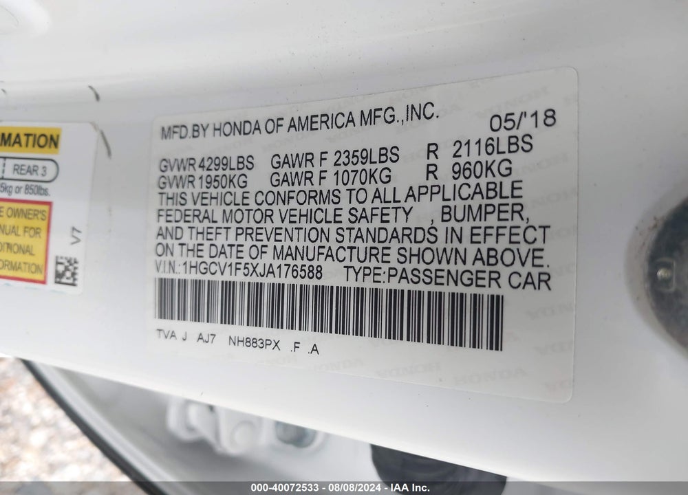 2018 HONDA ACCORD EX-L VIN: 1HGCV1F5XJA176588