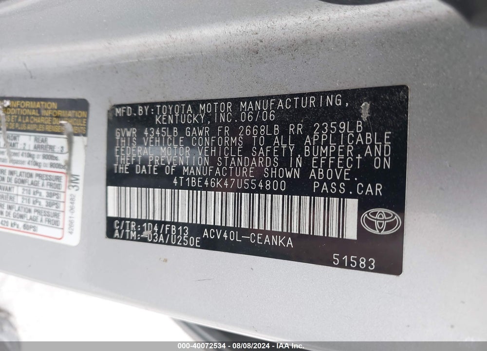 2007 TOYOTA CAMRY LE VIN: 4T1BE46K47U554800