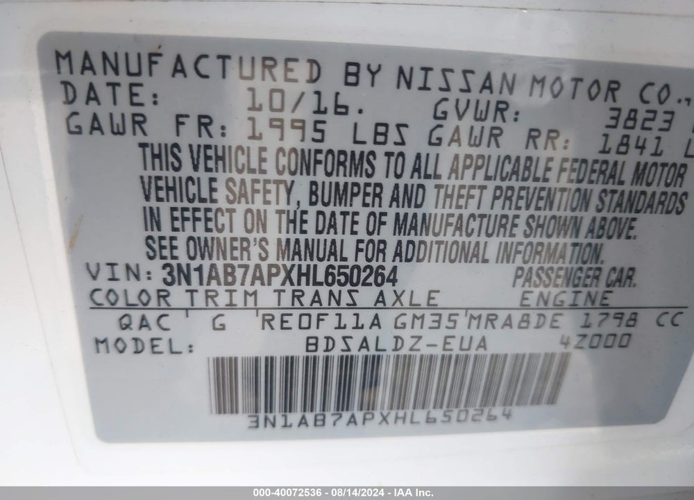 2017 NISSAN SENTRA SV VIN: 3N1AB7APXHL650264