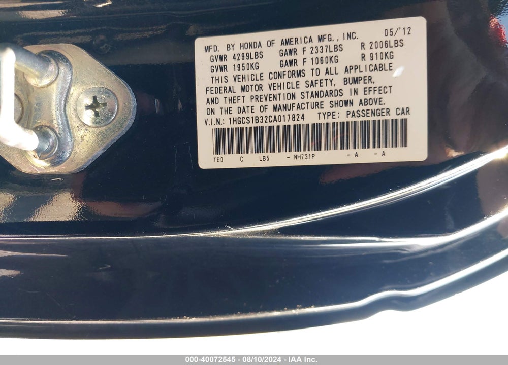2012 HONDA ACCORD 2.4 LX-S VIN: 1HGCS1B32CA017824